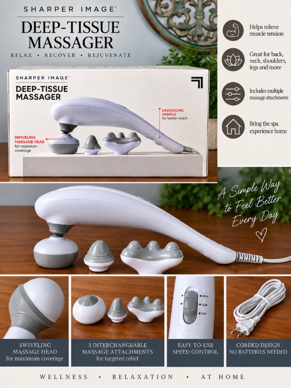 Sharper Image Deep Tissue Handheld Massager Swivel Head Attachments